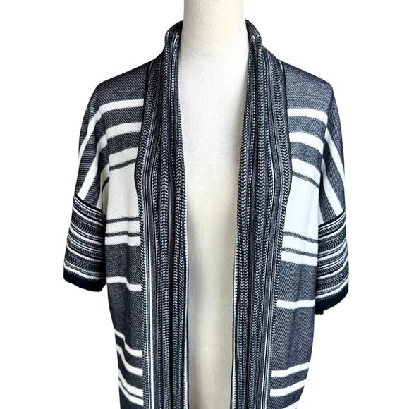 Vince Black & White Stripe Knit Short Sleeve Longline Open Cardigan Sweater - Picture 6 of 12